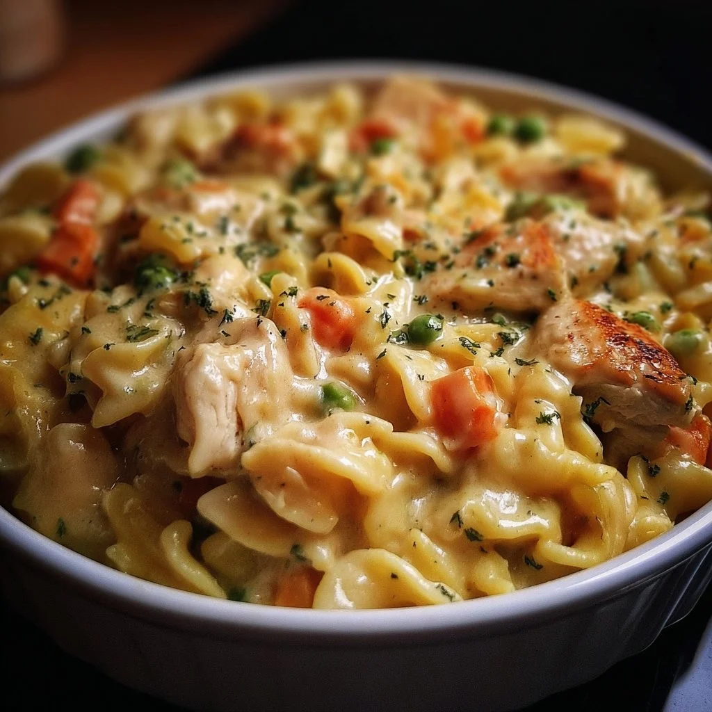 Creamy classic chicken pot pie pasta dish with vegetables and herbs
