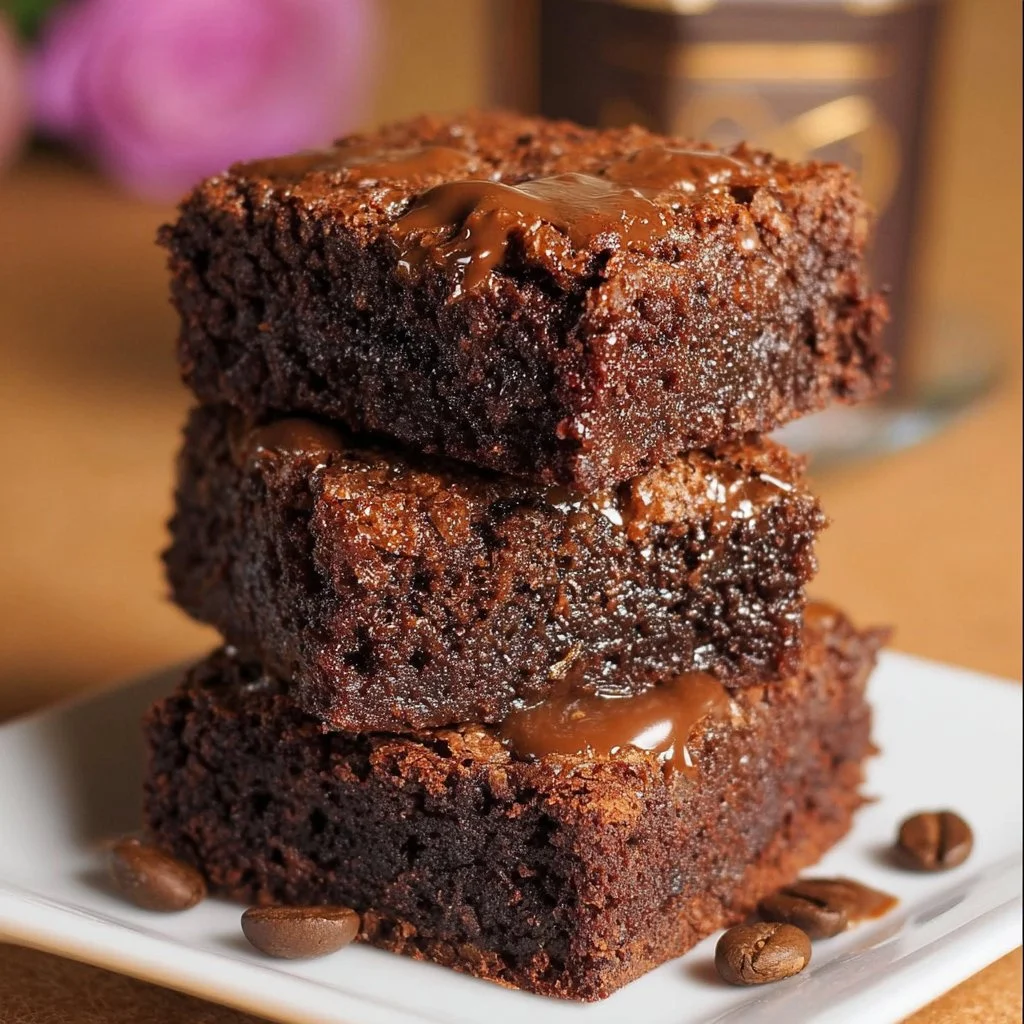 Delicious coffee brownies topped with chocolate and coffee beans