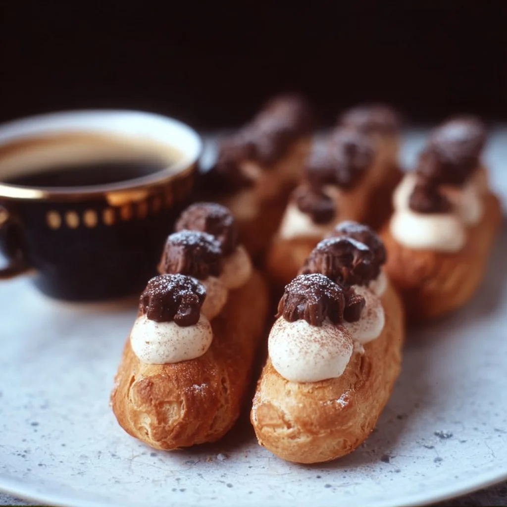 Delicious coffee eclairs topped with chocolate and filled with coffee cream
