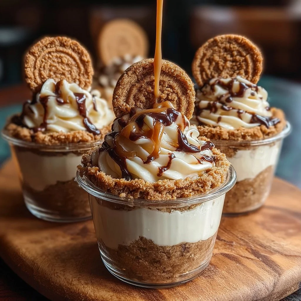 Delicious cookie butter cheesecake cups served in clear dessert cups