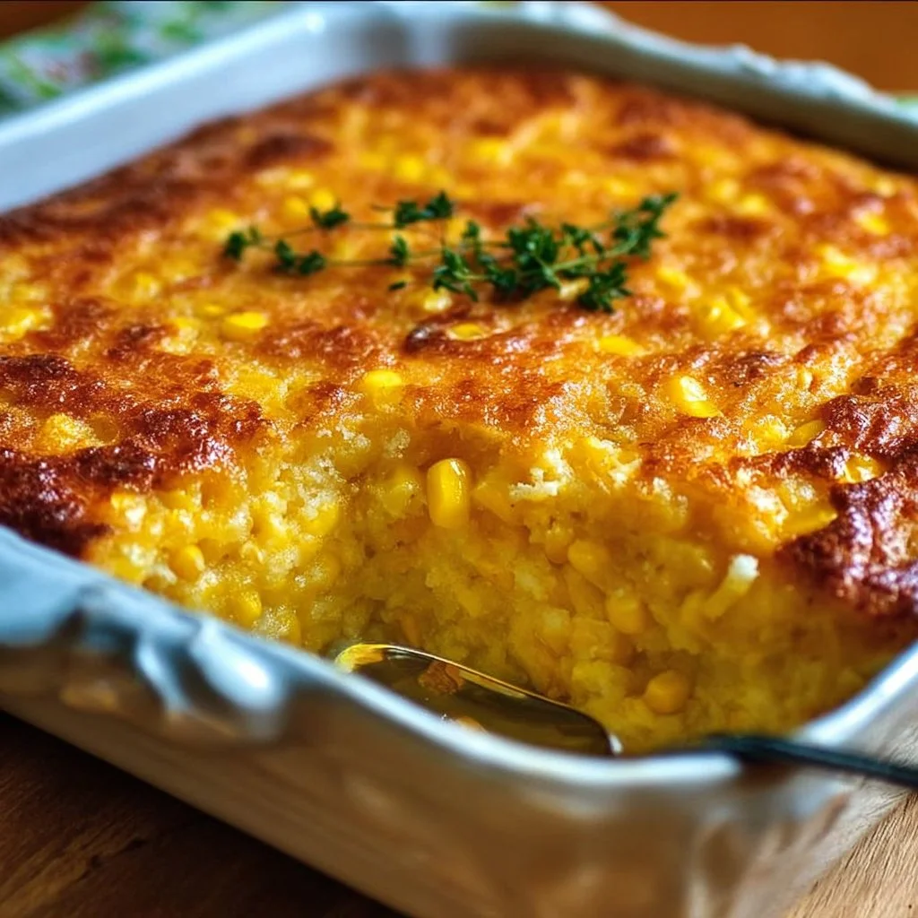 Delicious Corn Pudding Casserole served in a baking dish