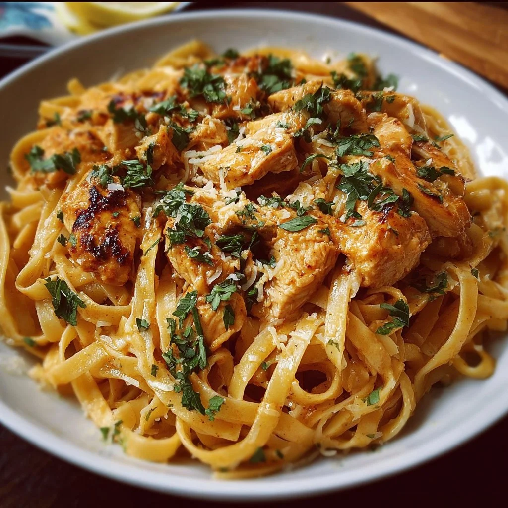 Delicious Cowboy Butter Chicken Linguine topped with fresh herbs