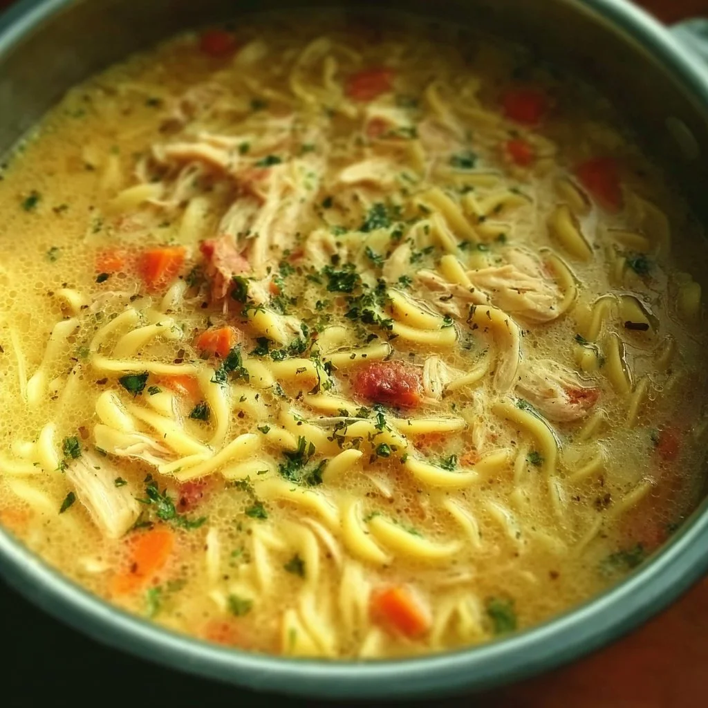 A bowl of Crack Chicken Noodle Soup garnished with fresh herbs and noodles.