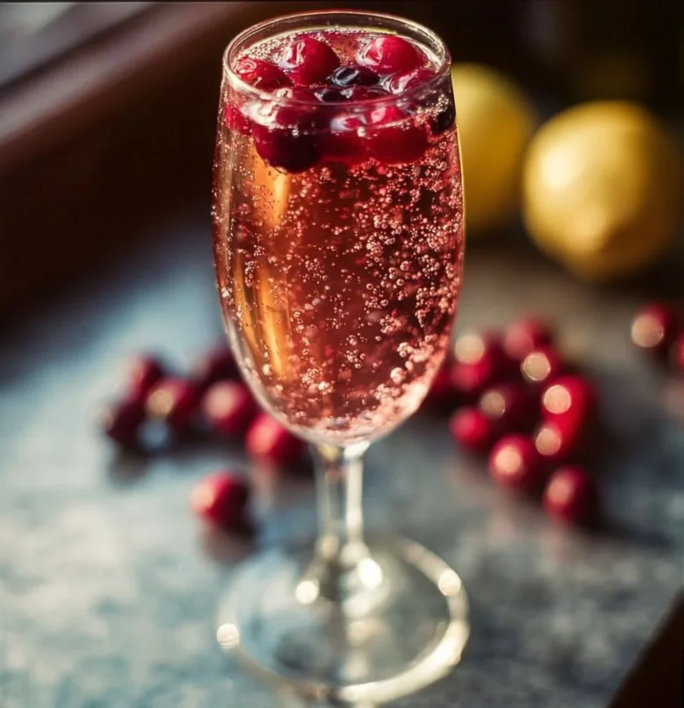 Cranberry French 75 cocktail garnished with cranberries and lemon twist.