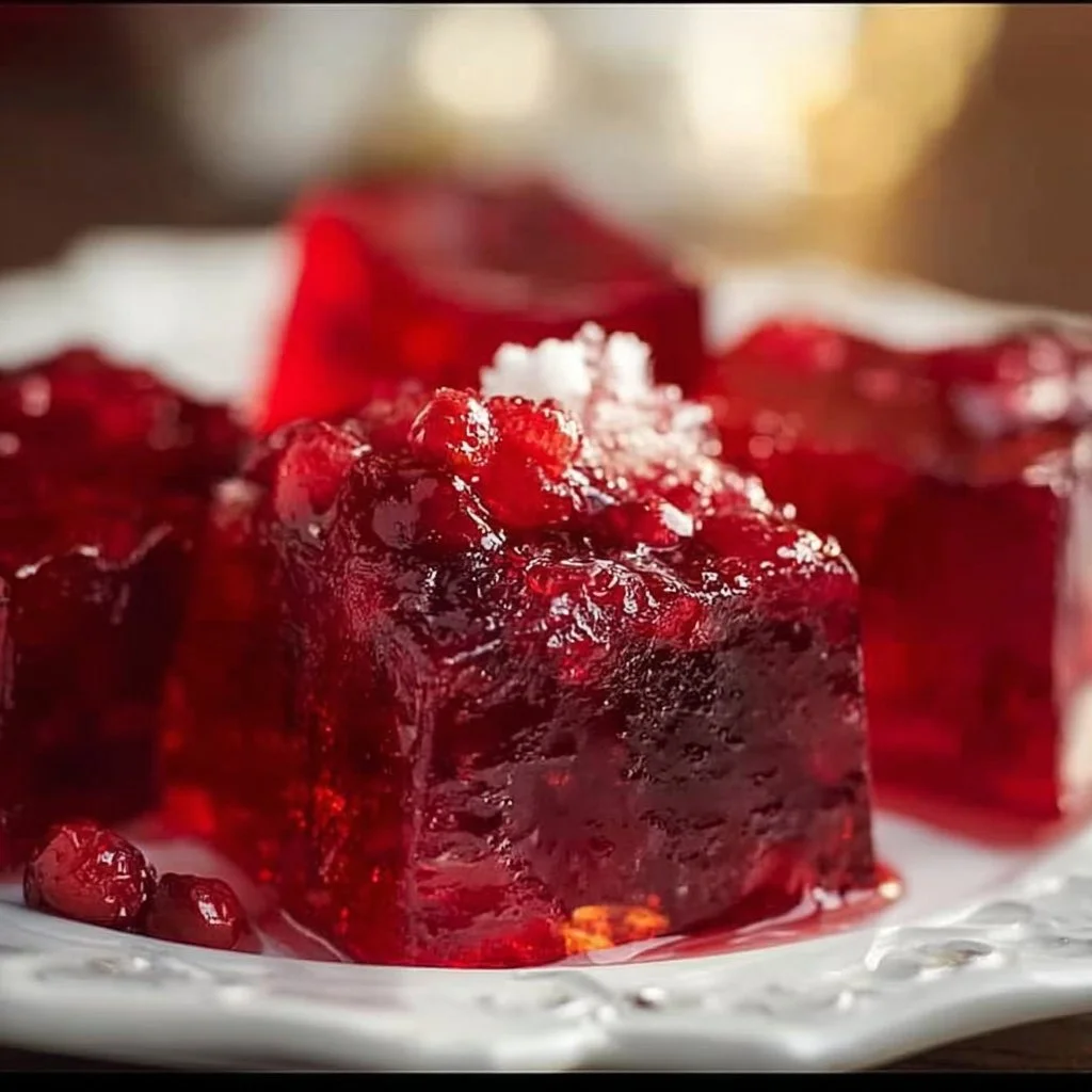 Cranberry Jello Salad served in a festive dish with garnishes