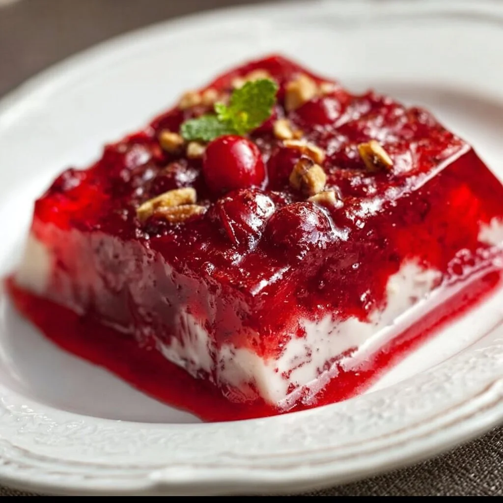 Cranberry Jello Salad served in a clear bowl with fresh berries on top