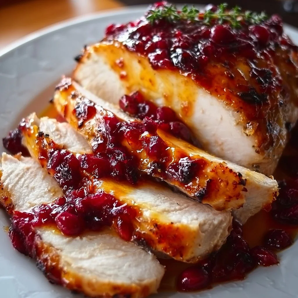 Cranberry orange glazed turkey breast garnished with herbs