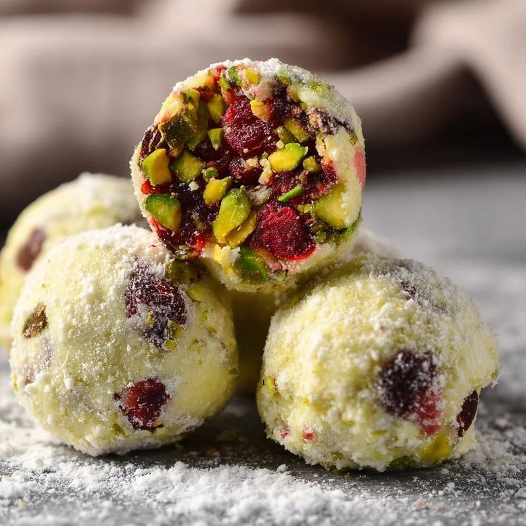 Delicious homemade Cranberry Pistachio Truffles on a decorative plate