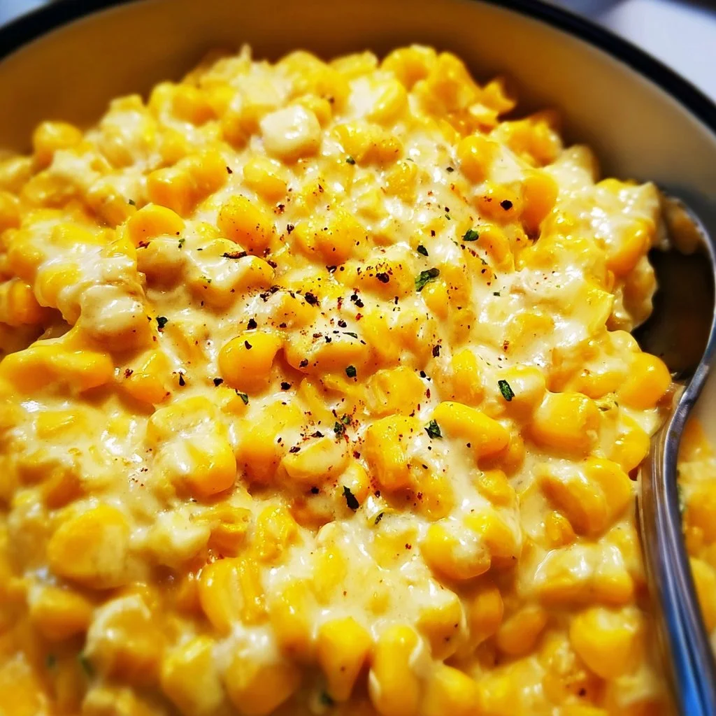 Delicious serving of homemade creamed corn in a bowl