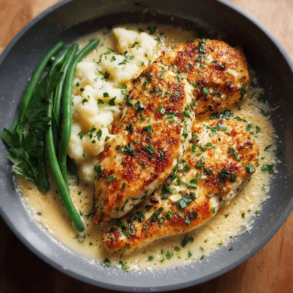 Creamy garlic parmesan chicken breast served with herbs on a plate