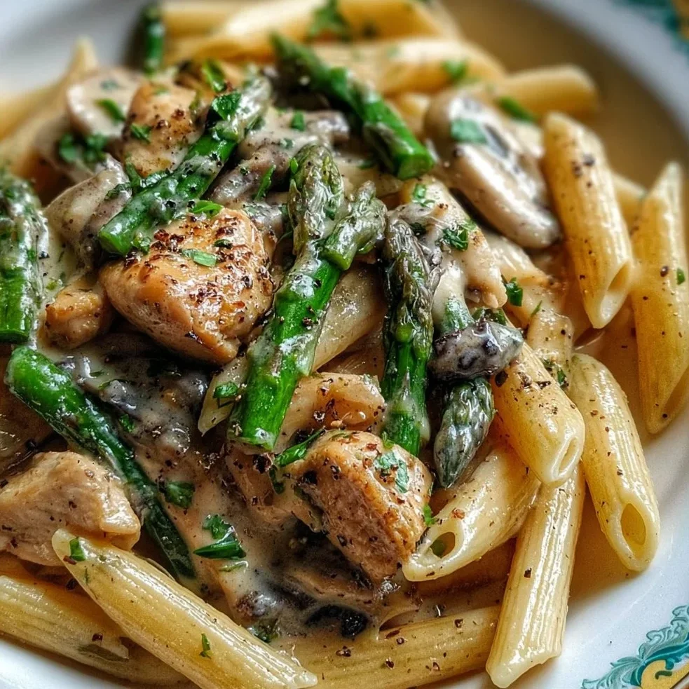 Creamy mushroom asparagus chicken penne served in a bowl with garnishes