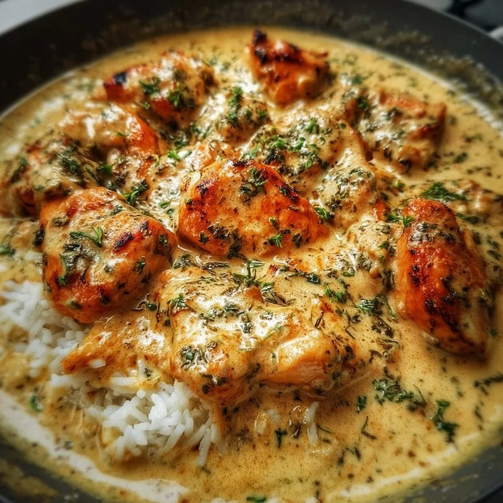 Delicious creamy smothered chicken served with gravy and side dishes.