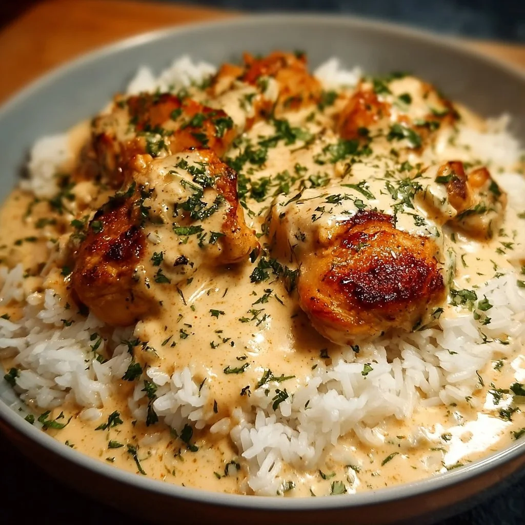 Delicious creamy smothered chicken served with rice