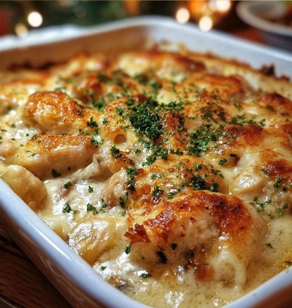 Creamy Swiss chicken bake with melted cheese, herbs, and a golden crust.