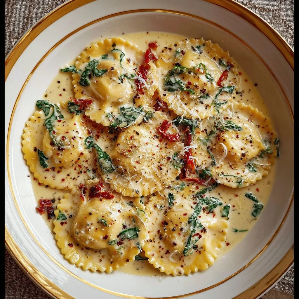 Delicious creamy Tuscan ravioli garnished with fresh herbs and sauce