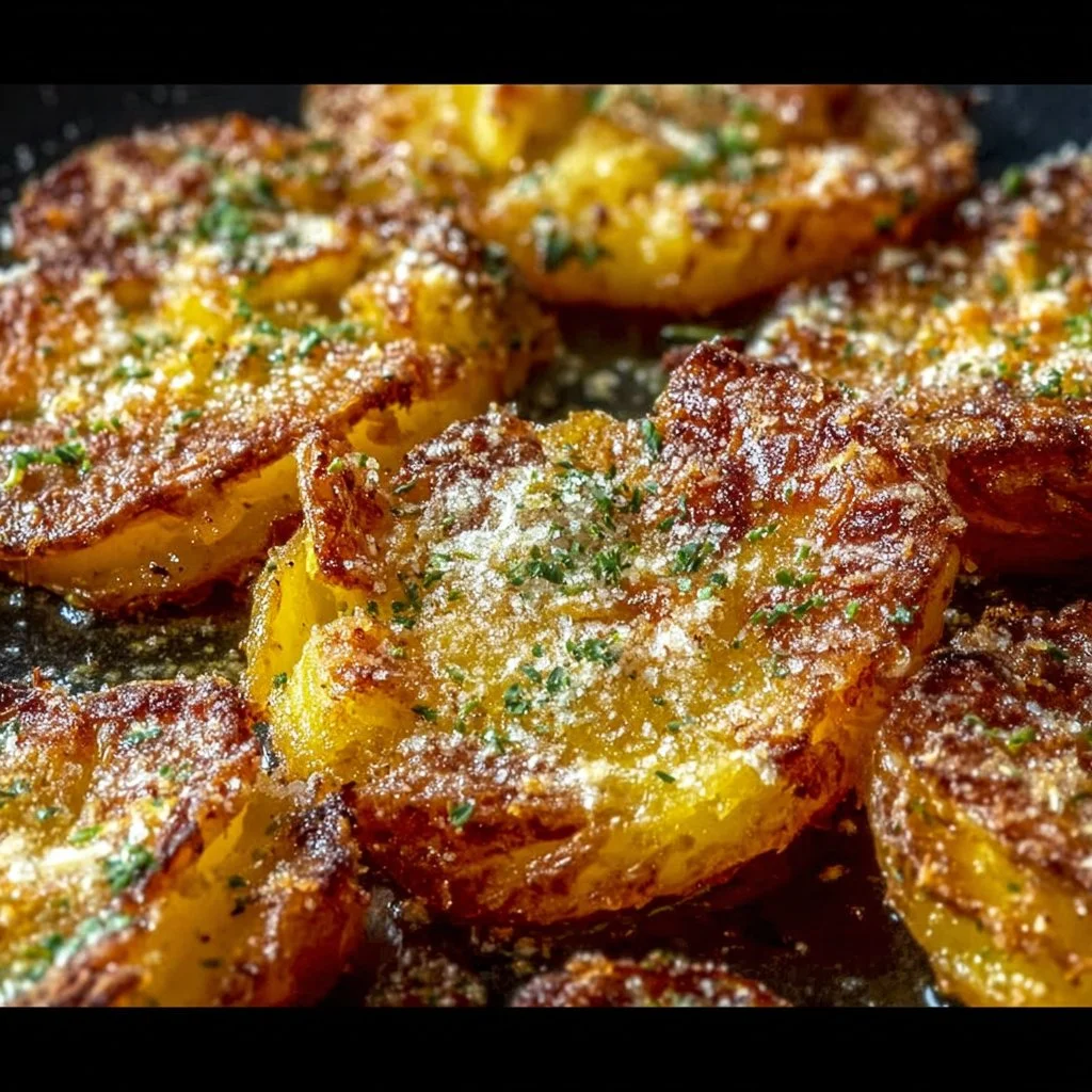 Crispy baked smashed potatoes topped with garlic and parmesan cheese.