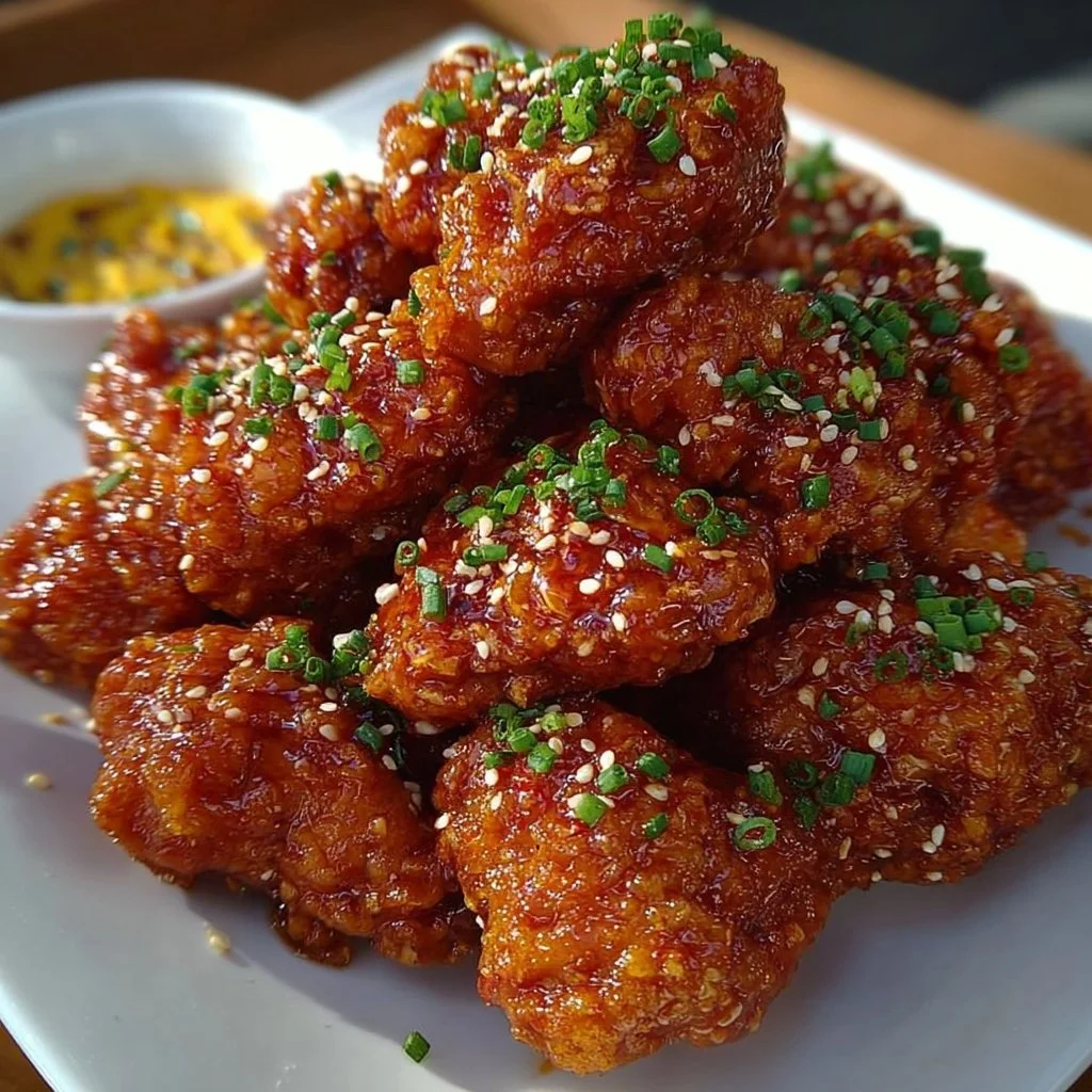 Crispy spicy Korean fried chicken served with a dipping sauce