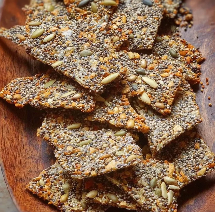 Crunchy seed crackers on a wooden serving board, healthy snack option