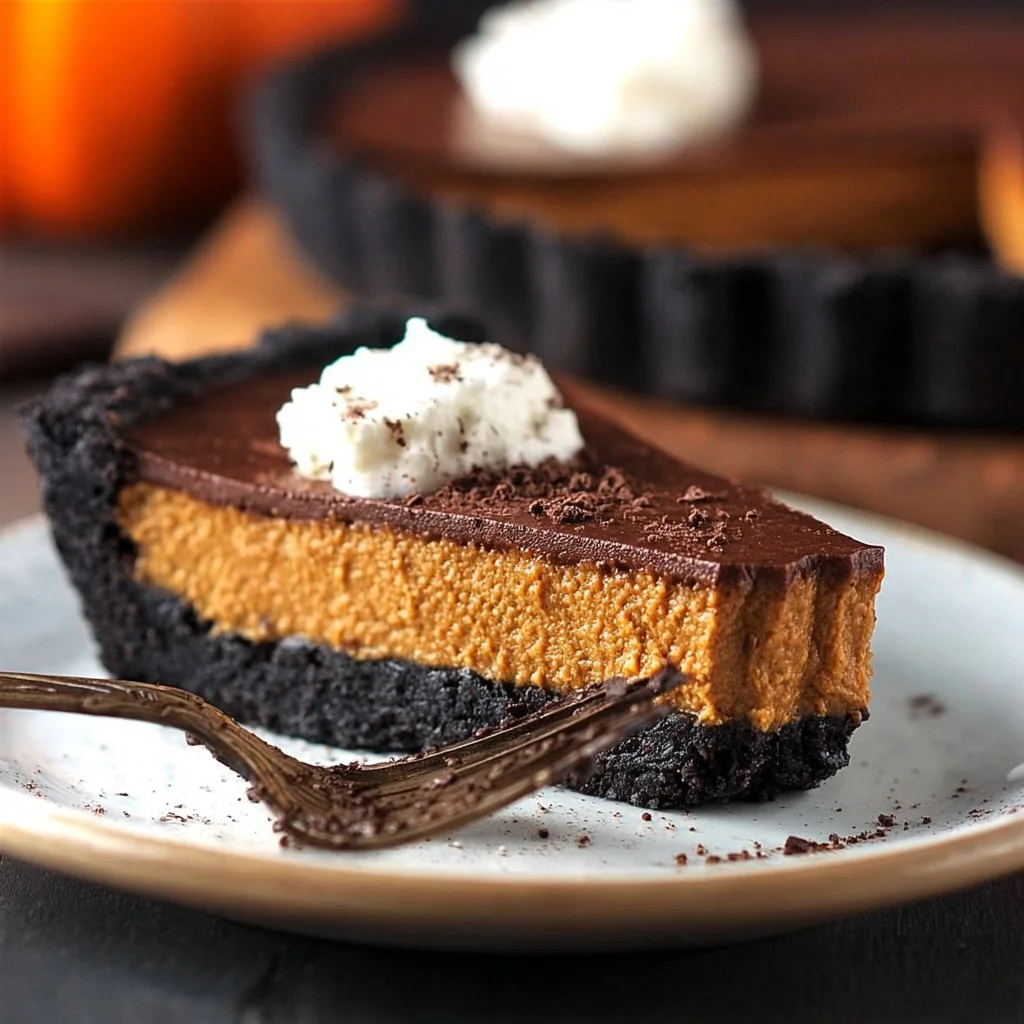 Delicious dark chocolate pumpkin tart garnished with chocolate shavings and autumn leaves
