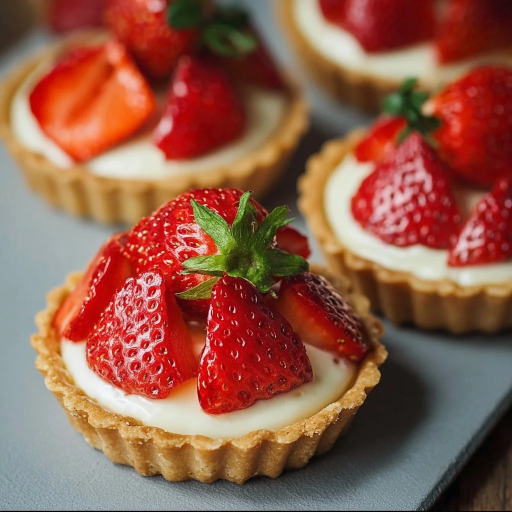 Decadent strawberry mascarpone tartlets garnished with fresh strawberries.