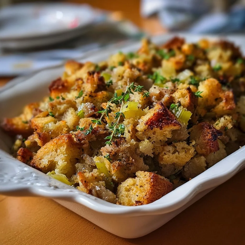 Delicious Thanksgiving stuffing recipe by Grandma with herbs and bread
