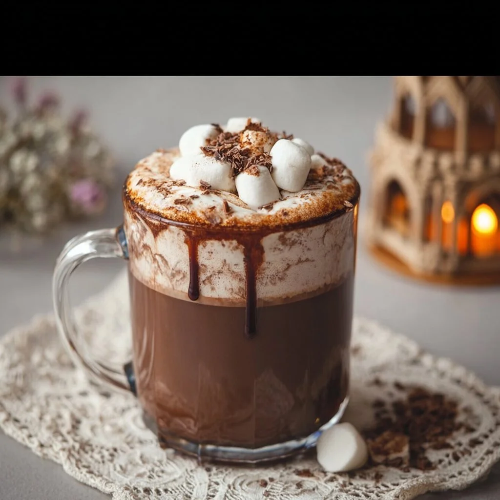 Delicious Disneyland hot chocolate topped with whipped cream and chocolate shavings.