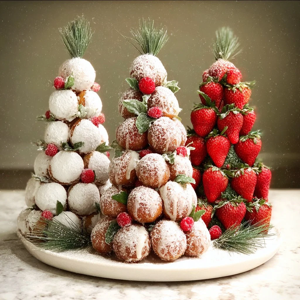 Colorful donut and strawberry decorated Christmas trees for holiday treats.