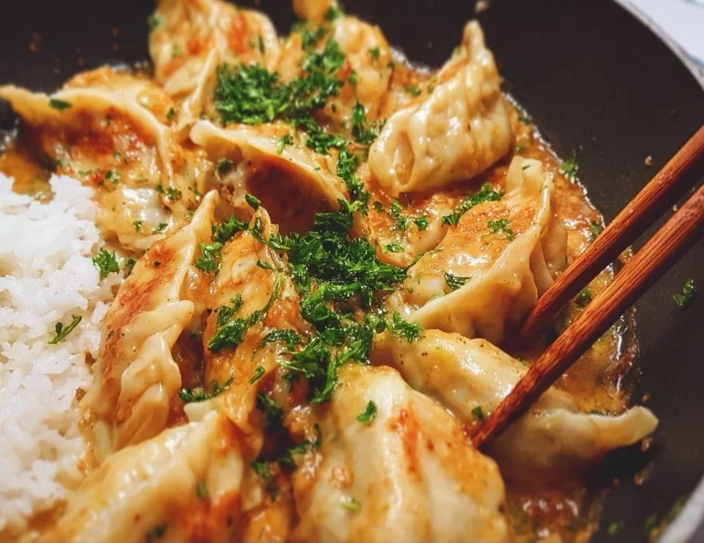Delicious one-pan dumpling bake dish served in a rustic setting.