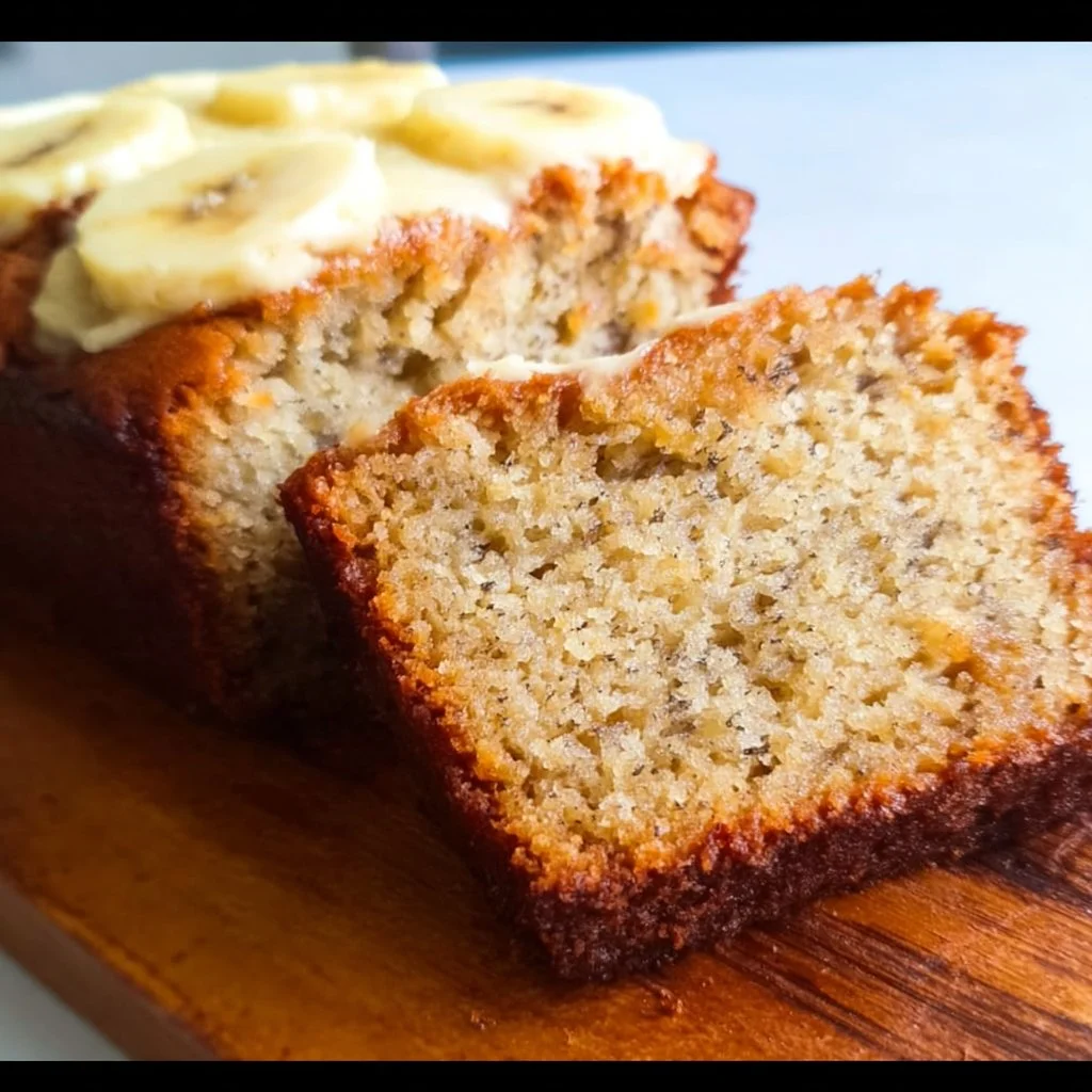 Slice of easy banana cake on a plate topped with slices of banana