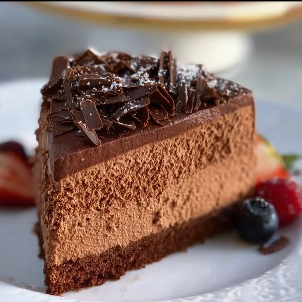 Delicious easy chocolate mousse cake topped with chocolate shavings.