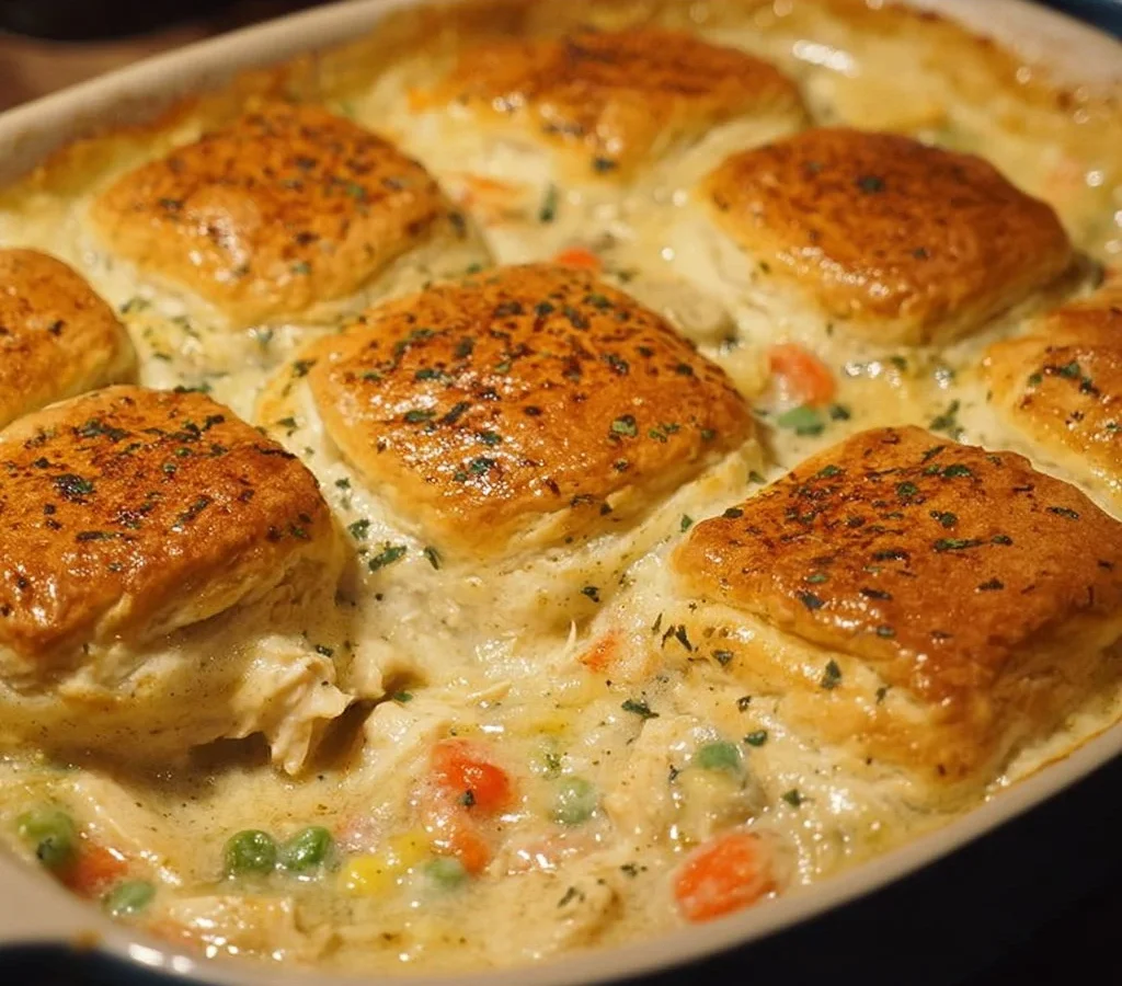 Easy Homemade Chicken Pot Pie Casserole served in a baking dish