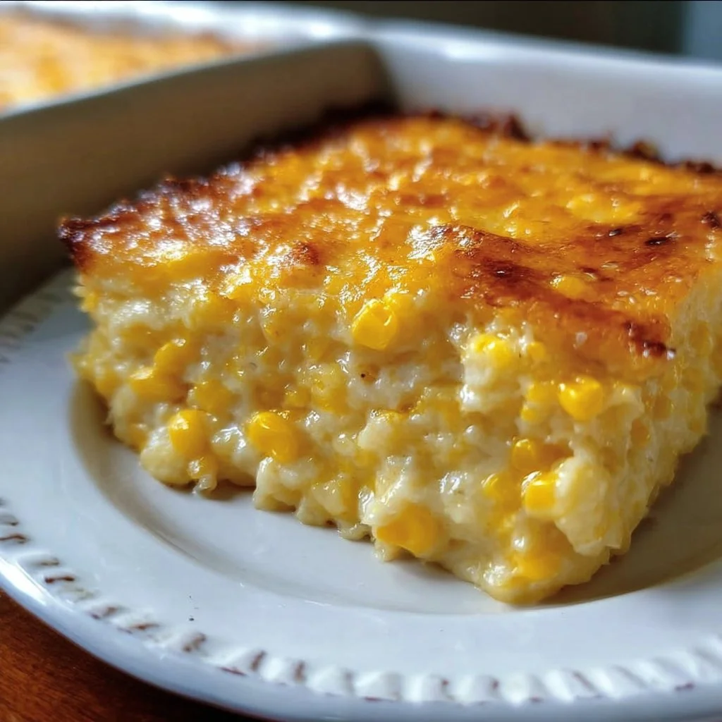 Easy Jiffy corn casserole in a baking dish topped with cheese