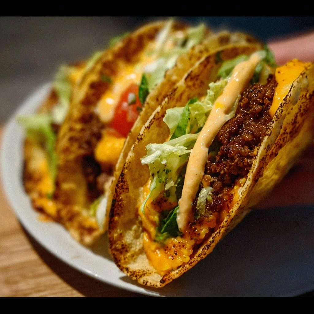 Delicious easy smash burger tacos with toppings on a plate.