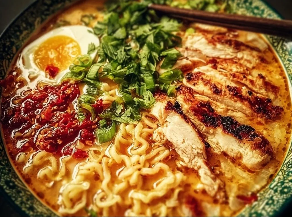 Bowl of spicy Fire Chicken Ramen topped with chicken and vegetables