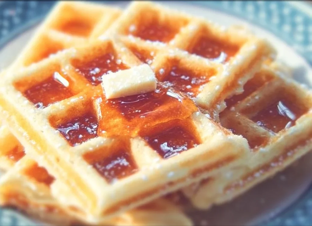 Delicious fluffy Belgian waffles topped with syrup and berries