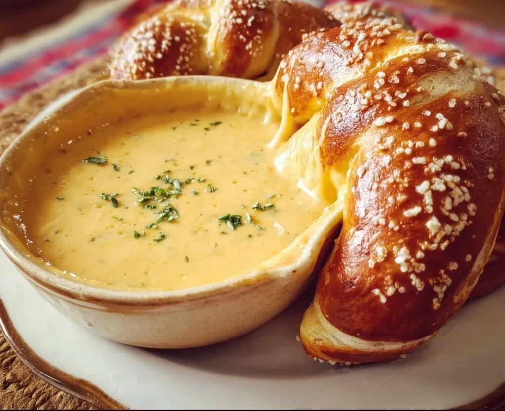 Fluffy homemade pretzels with cheddar beer cheese sauce on a plate