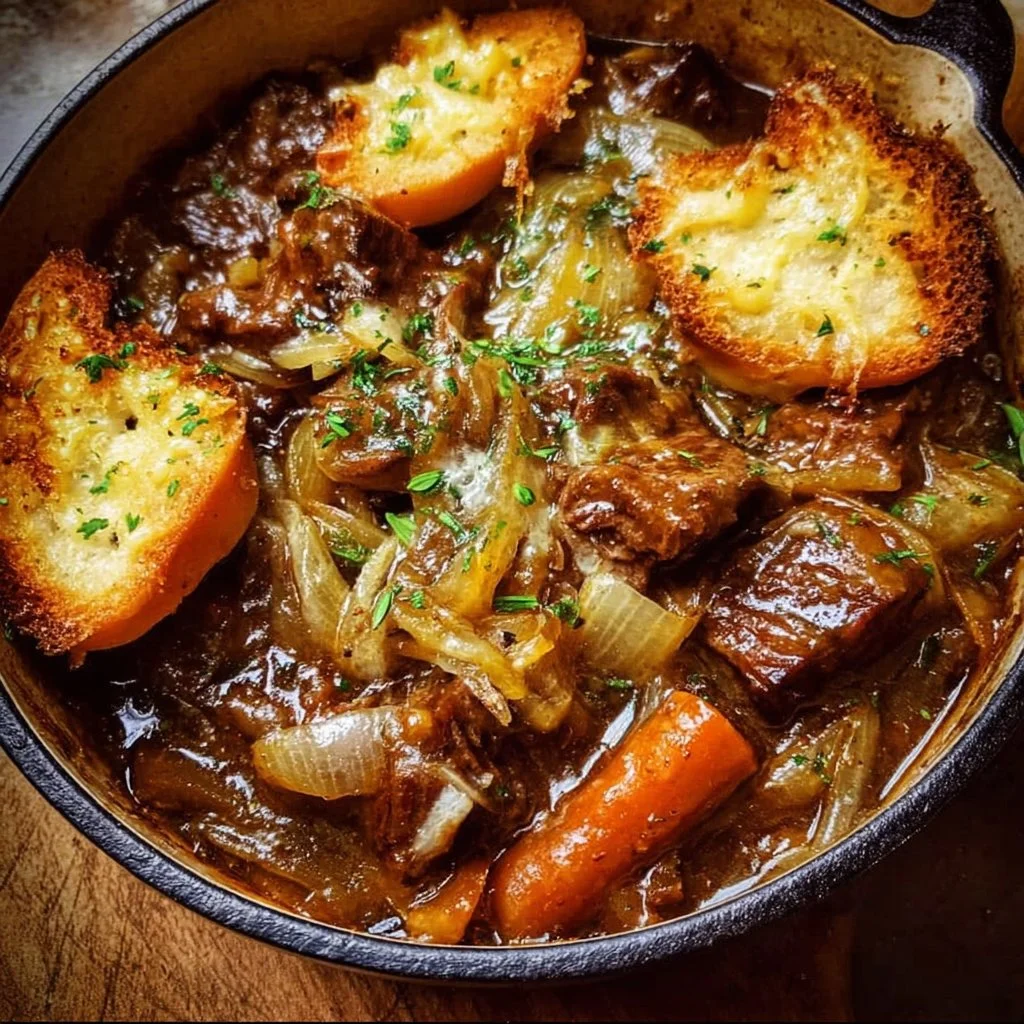 Delicious French Onion Beef Stew served in a rustic bowl