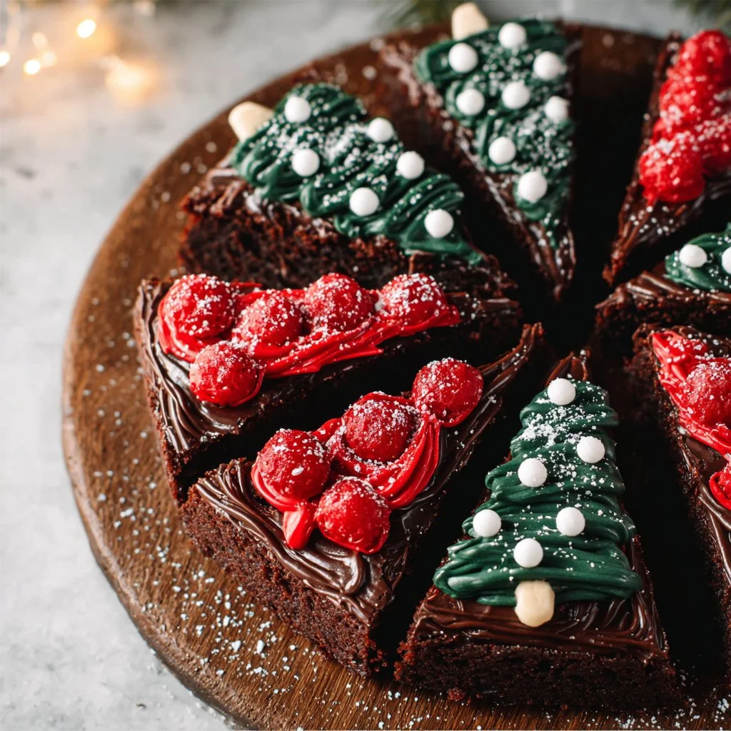 Delicious frosted Christmas brownies topped with festive decorations.