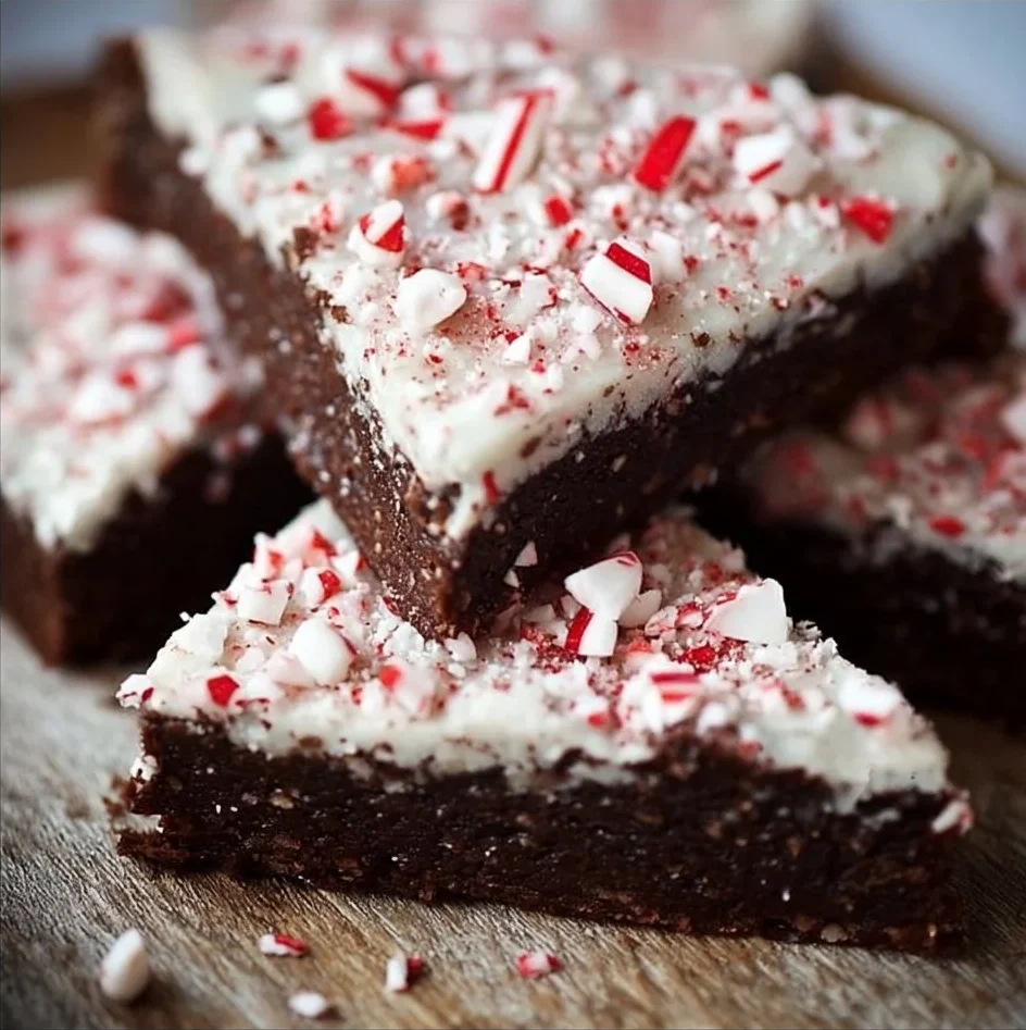 Frosted peppermint brownies topped with creamy frosting and crushed candy canes.