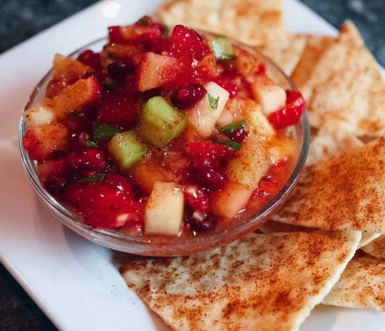 Delicious fruit salsa served with cinnamon sugar tortilla chips