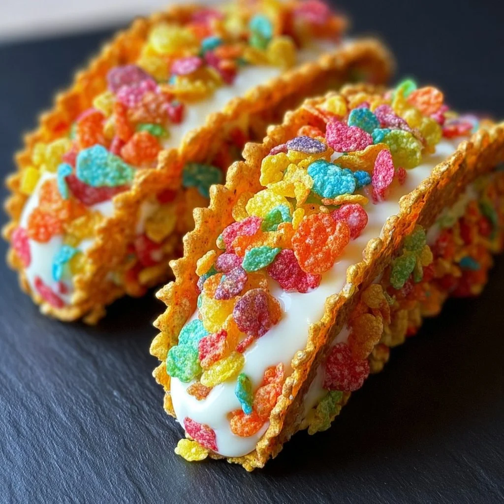 Fruity Pebbles cheesecake tacos topped with colorful cereal and cream.
