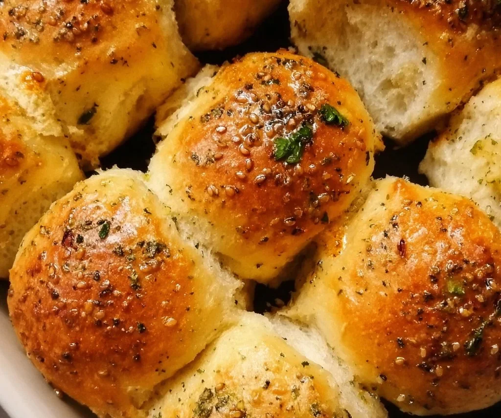 Freshly baked garlic bread rolls on a wooden table