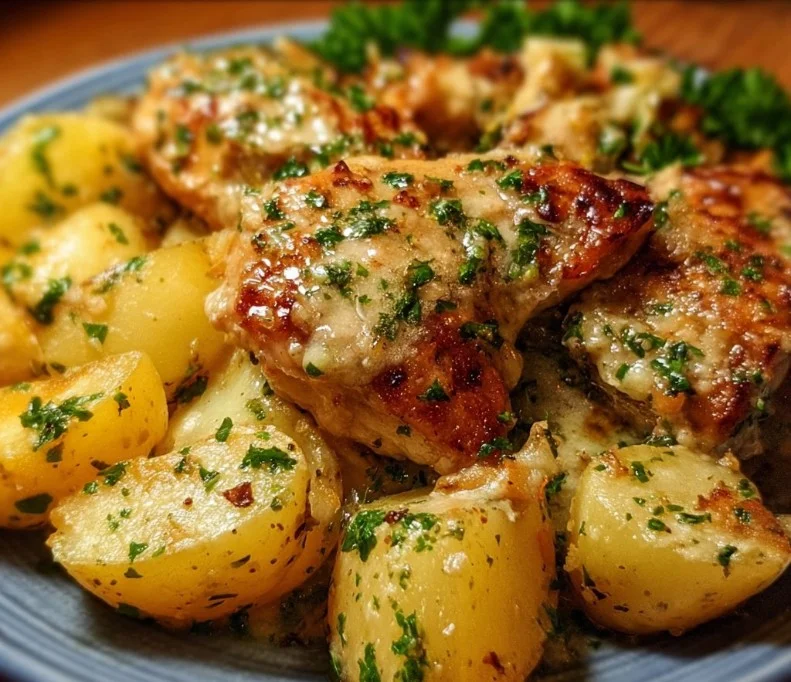 Garlic Parmesan Chicken served with roasted potatoes on a rustic plate.