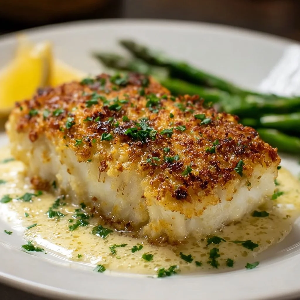 Delicious Garlic Parmesan Crusted Halibut served on a plate