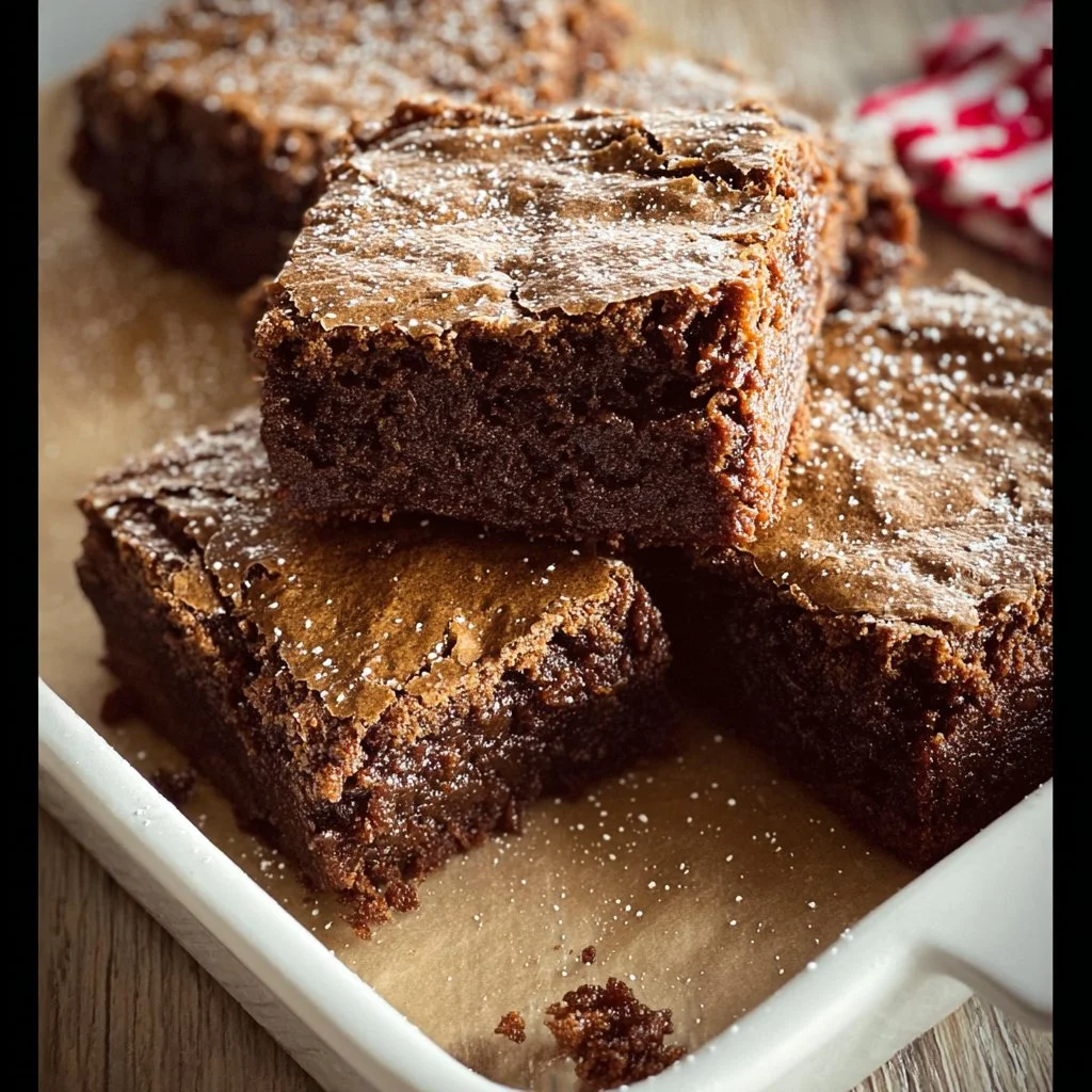 Delicious homemade gingerbread brownies topped with festive decorations.