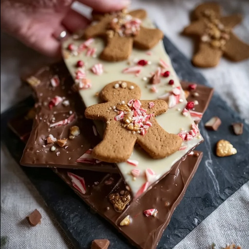 Festive Gingerbread Chocolate Bark decorated with spices and holiday toppings