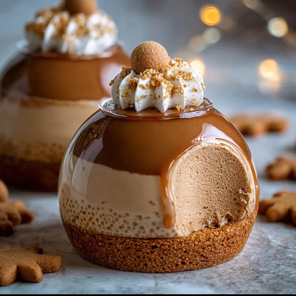 Gingerbread Latte Mousse Domes served on a festive plate