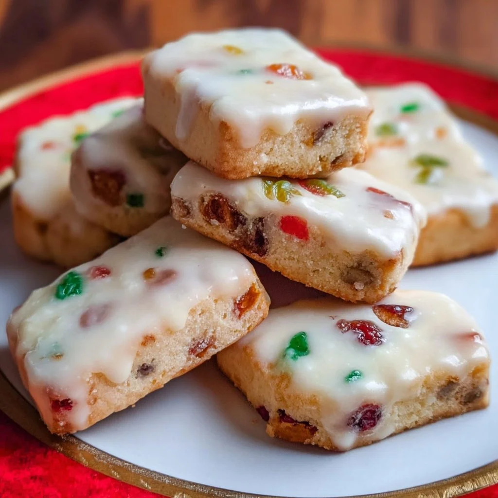 Glazed Fruitcake Shortbread Cookies with colorful fruit and glaze
