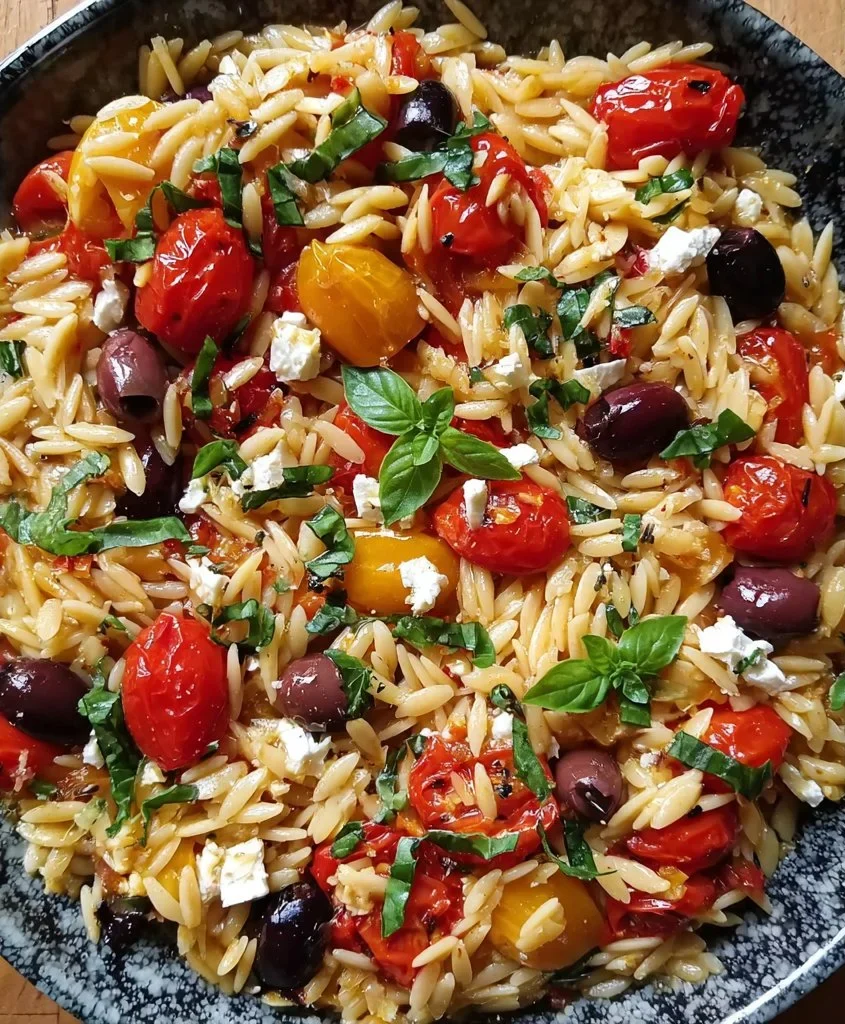 Bowl of Greek Orzo with tomatoes, olives, basil, and feta cheese
