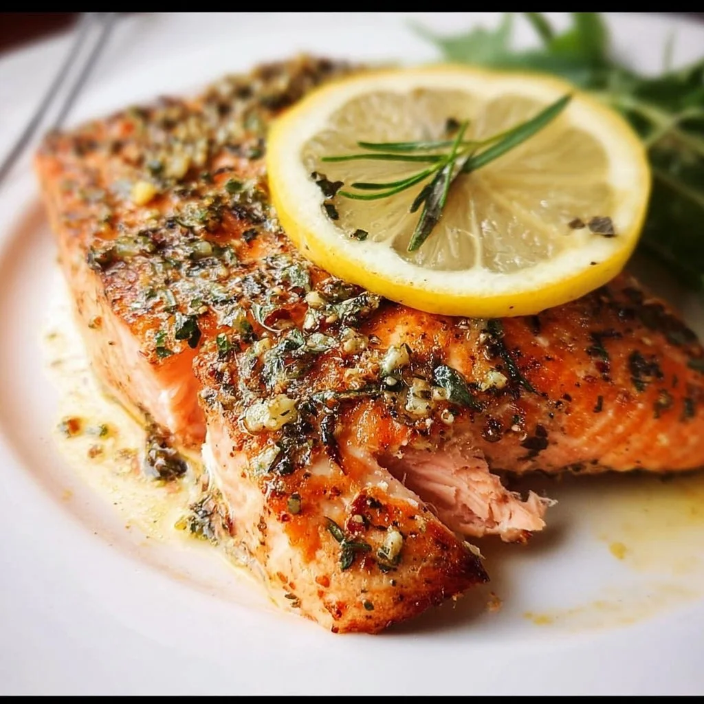 A beautifully plated Greek Salmon dish garnished with herbs and lemon.